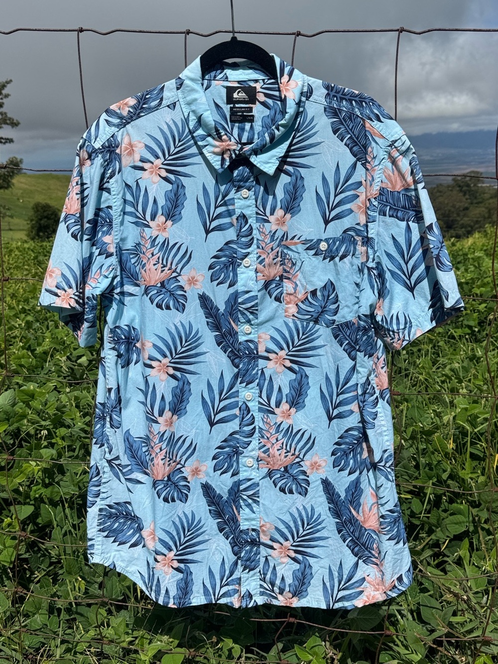 QUIKSILVER Aloha Shirt Blue Camp Hawaiian Tropical vacation Regular Fit large